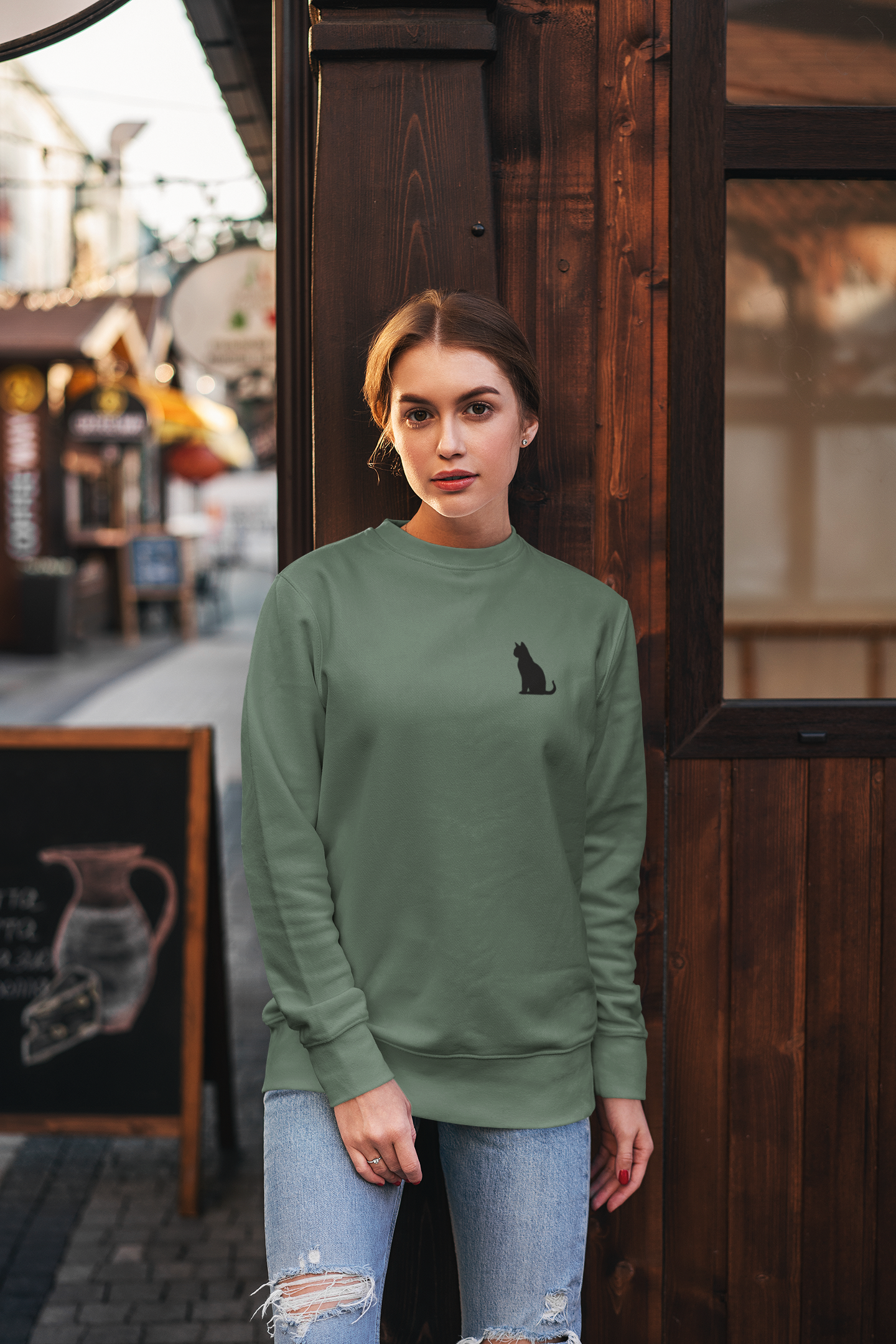 Embroidered Black Cat Crewneck Sweatshirt