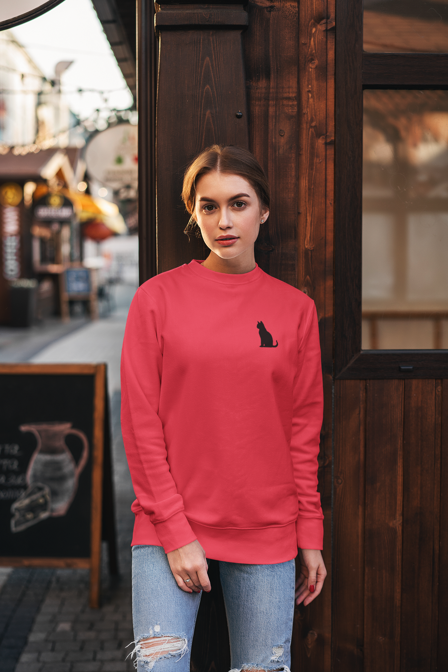 Embroidered Black Cat Crewneck Sweatshirt