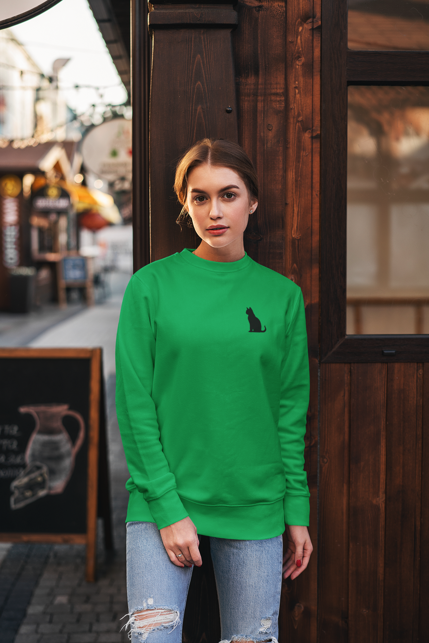 Embroidered Black Cat Crewneck Sweatshirt