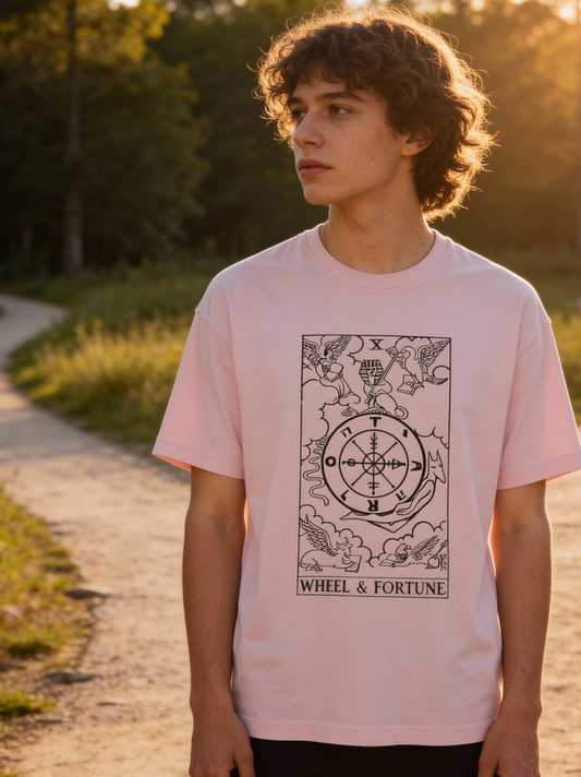 Person wearing a pink t-shirt with a graphic design outdoors