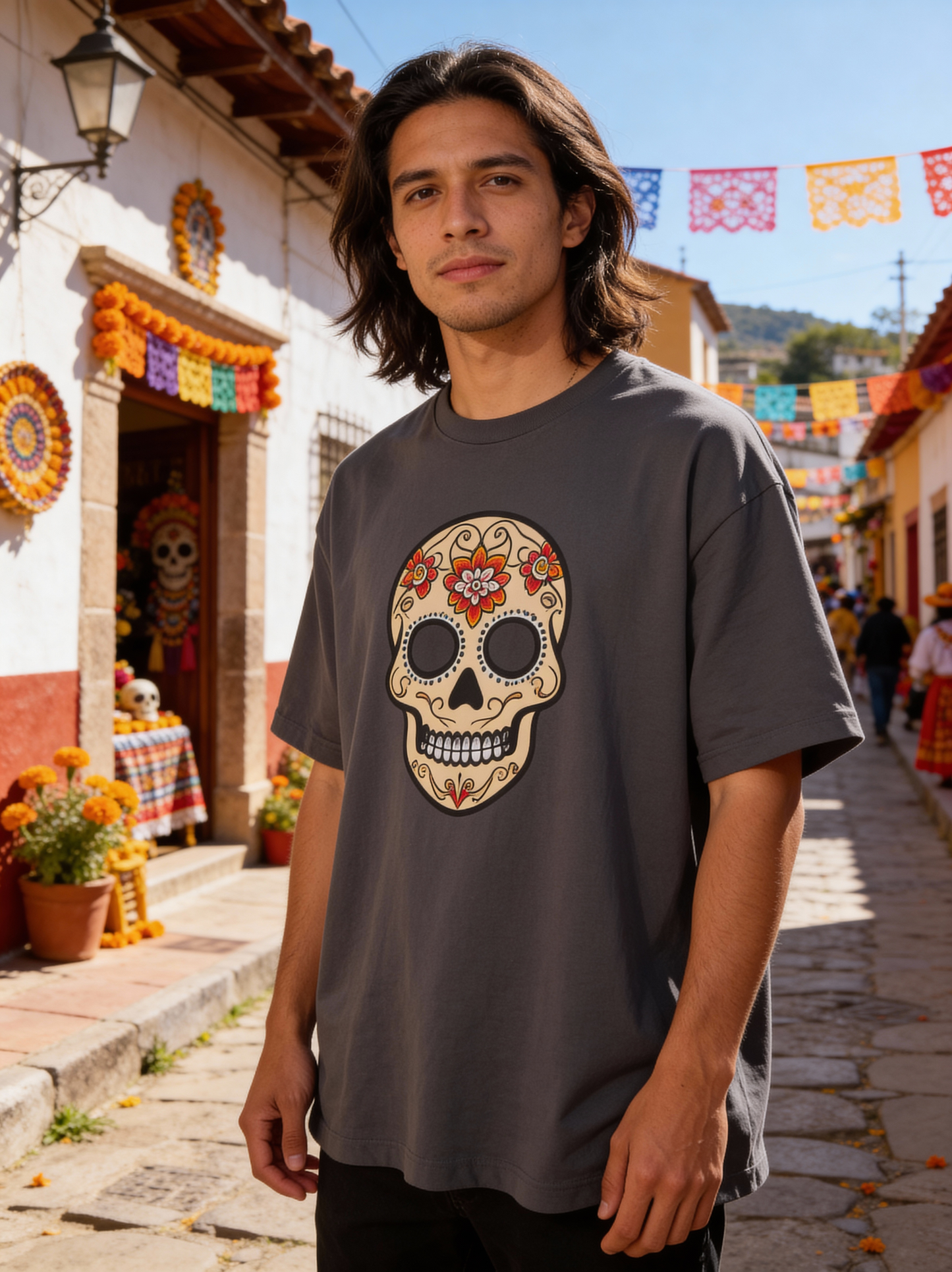 Oversized Boxy Tee 'Dia de Muertos skull'